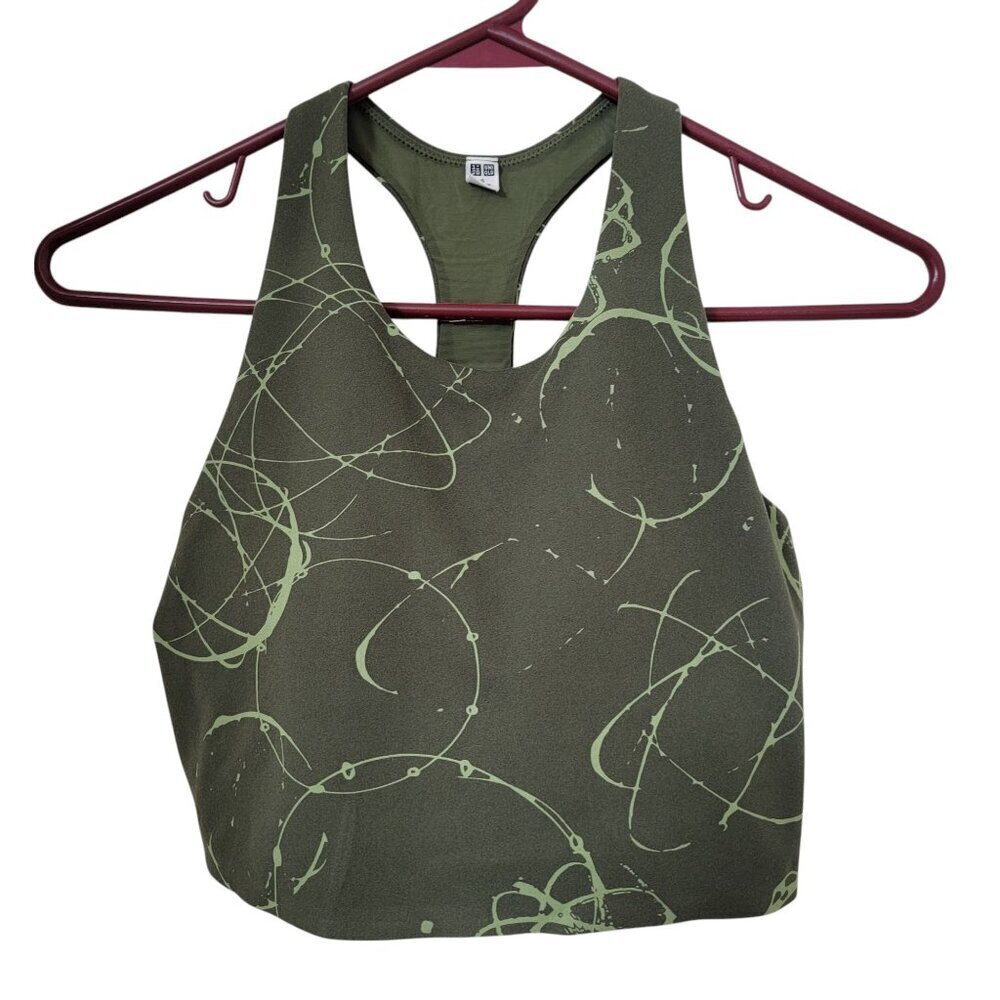 Uniqlo Size S Olive Green Abstract Pattern Wireless Bra Active Racer Back, EUC